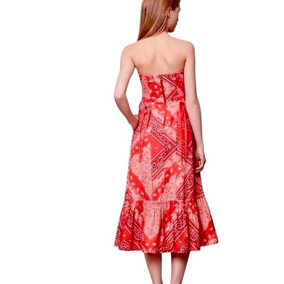 Anthropologie Strapless Bandana Ruffle Midi Dress, Pockets, Red Orange, 4 - Picture 9 of 11